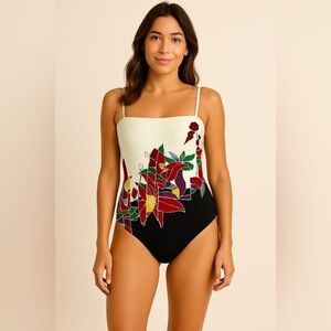 Gottex Vintage Swimsuit One Piece Floral Graphic Removable Strap Beach Sz 12